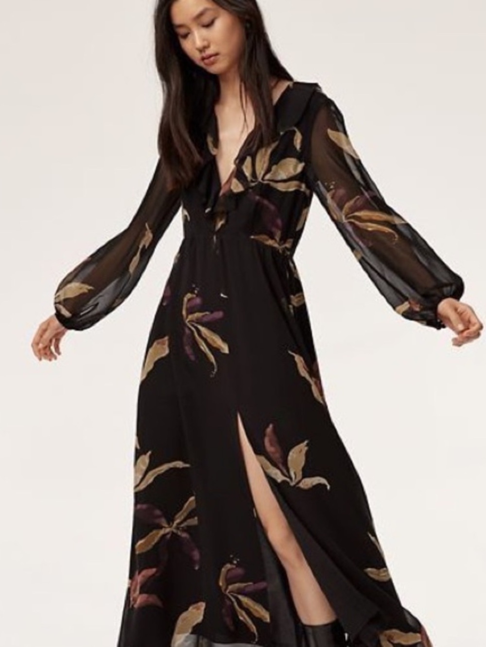 Wilfred Aritzia Floral Ruffle-Trim Long Sleeve Maxi Dress with Slit Front